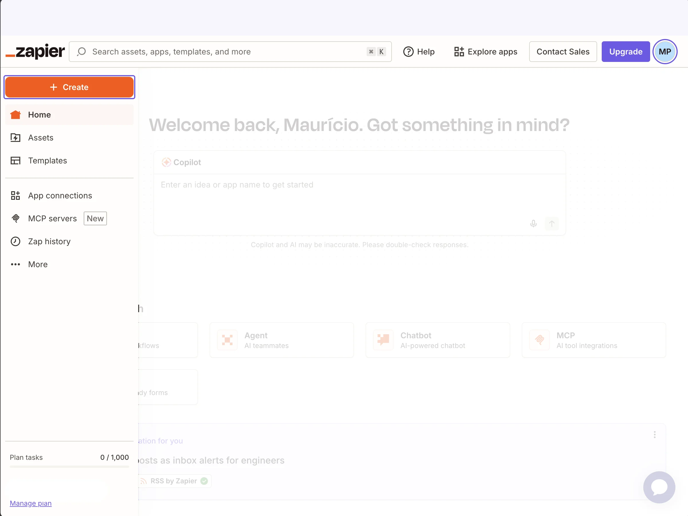 Create a new Zap from Zapier's home screen