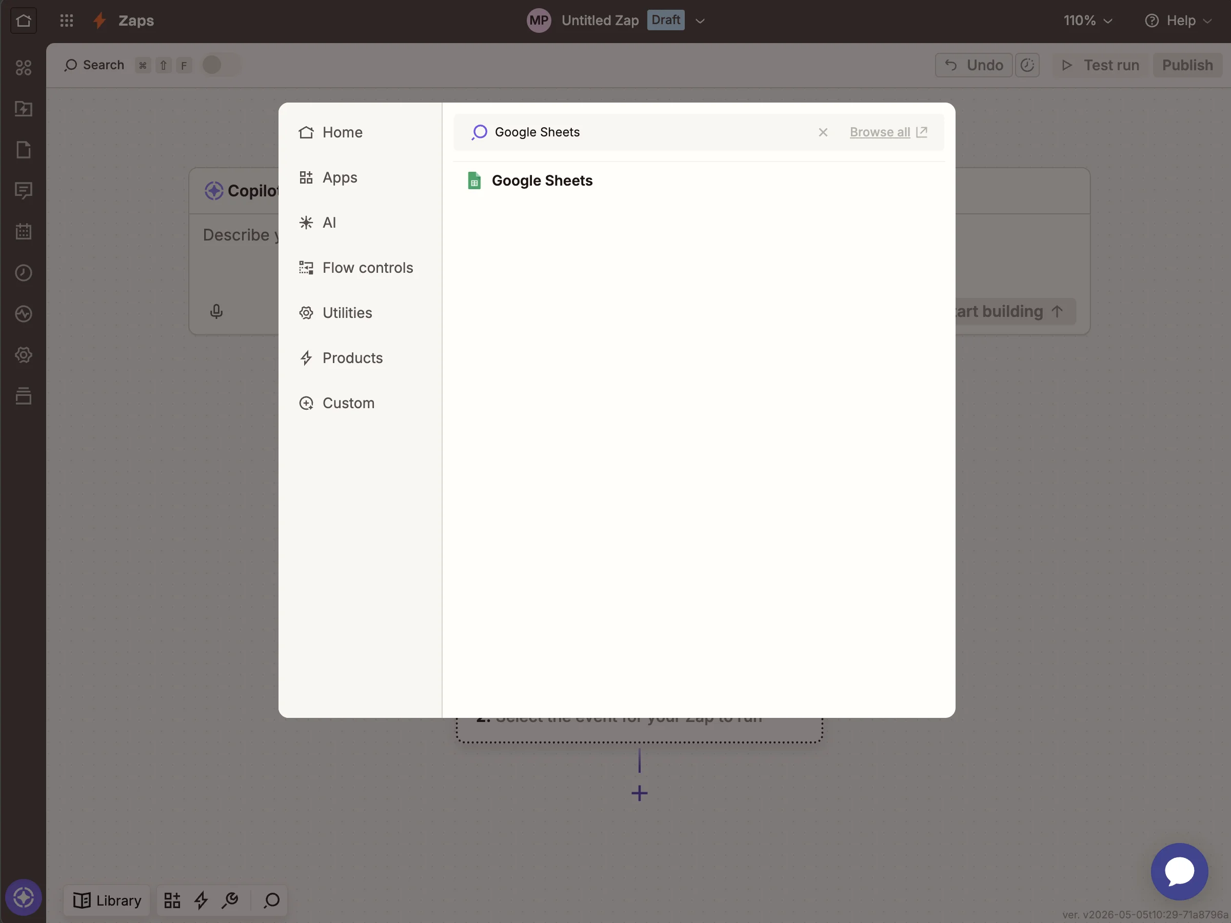 Searching for Google Sheets in the trigger picker