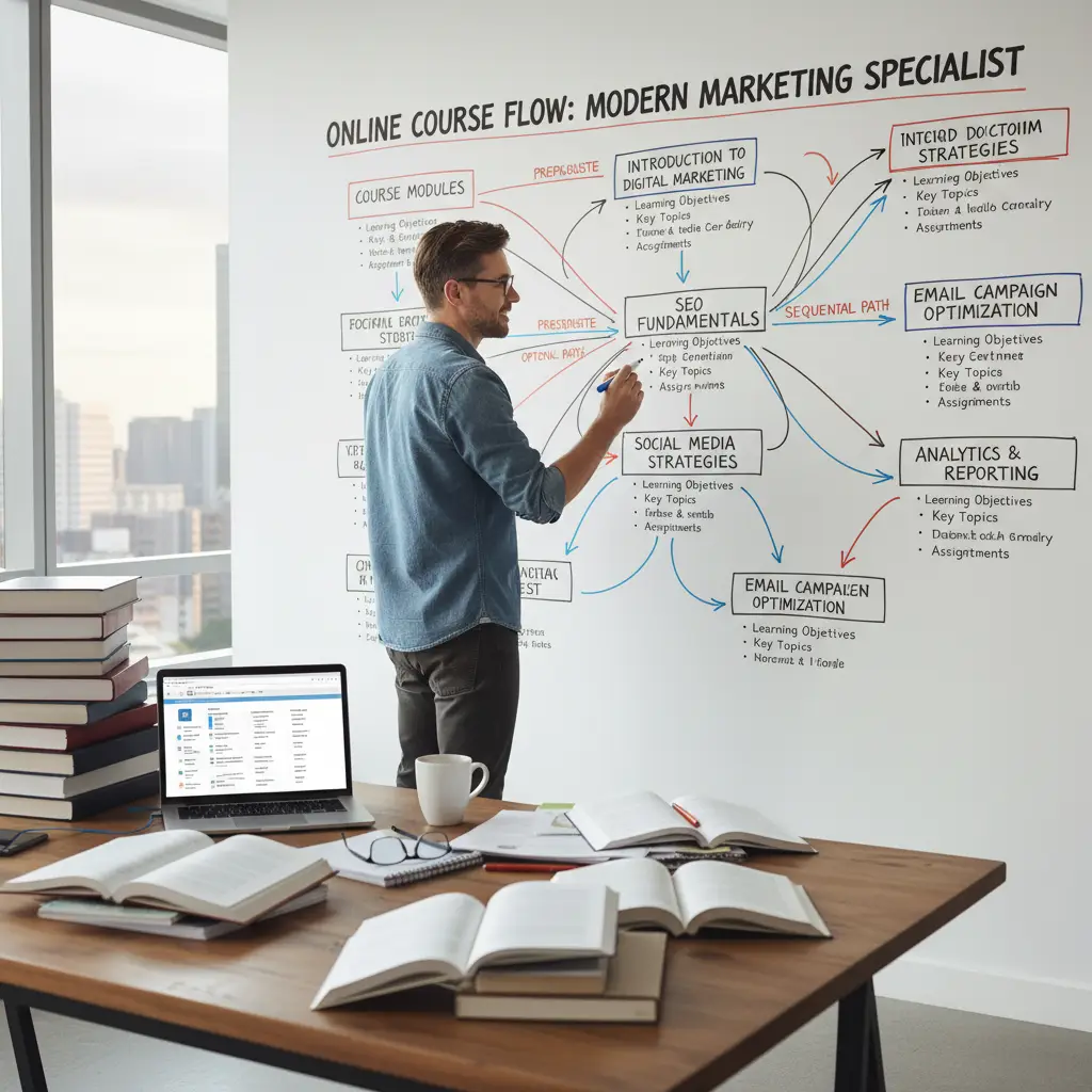 Instructor mapping a course flow on a whiteboard