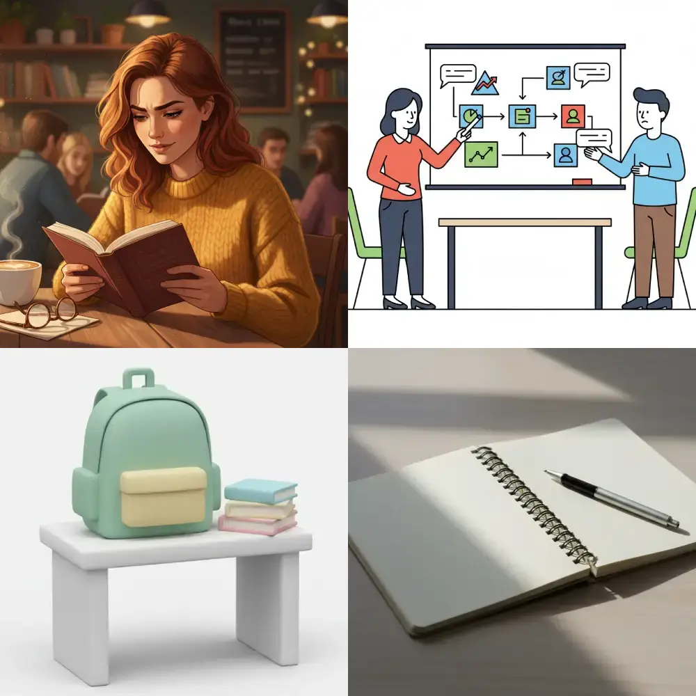 Four AI image style presets showing the same prompt rendered in Narrative, Editorial, Flat, and 3D styles