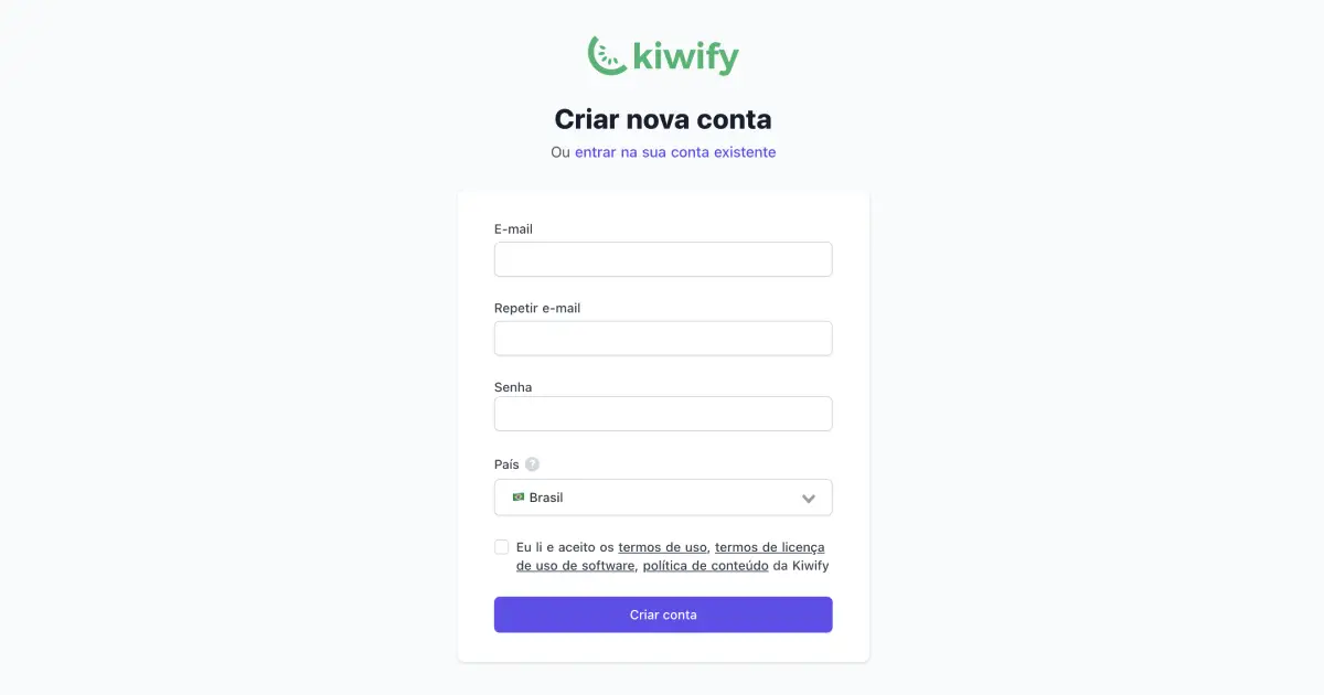 Tela de cadastro da Kiwify com formulário para criar conta