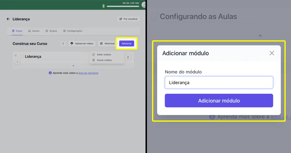 Opção para adicionar novo módulo na área de membros