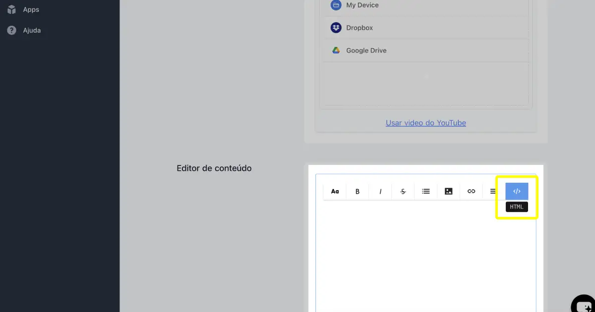Editor de conteúdo com abas Visual e HTML