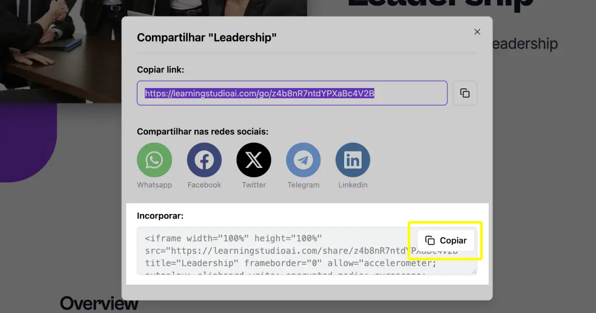 Tela de compartilhamento do LearningStudioAI mostrando opção de incorporar