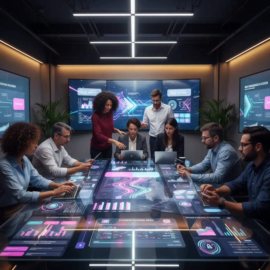 Employees collaborating on an adaptive learning platform with dashboards and interactive modules