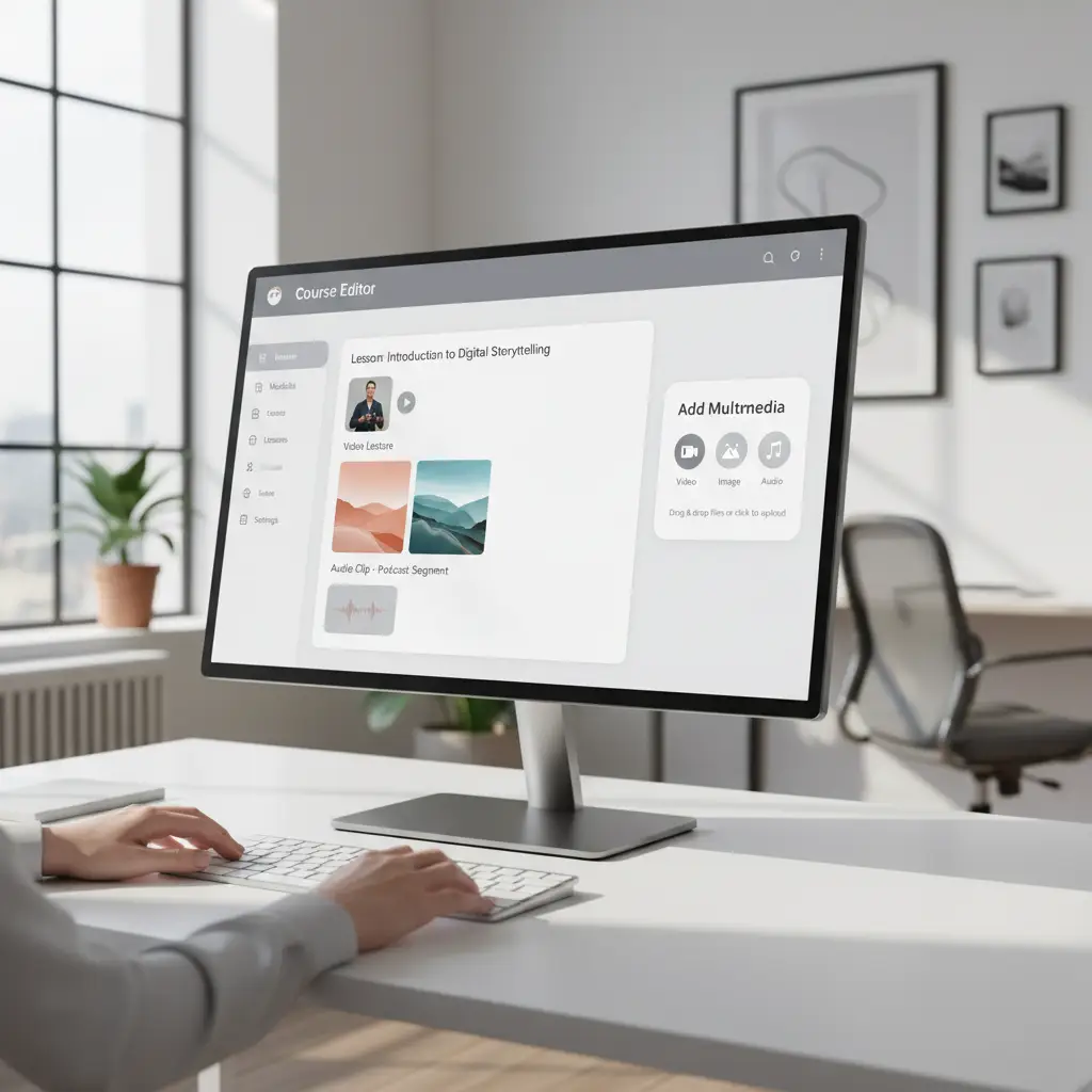 Course editor showing options to add video, images, and audio to a lesson