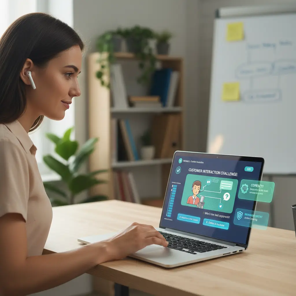 Learner completing an interactive scenario-based quiz on a laptop, with progress indicators and feedback panels visible