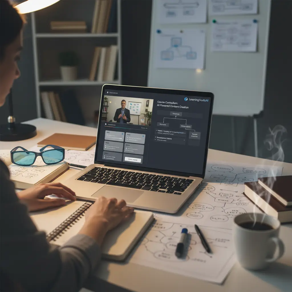Creator planning an online course using AI tools on a laptop, showing a video player, quiz blocks, and an outline
