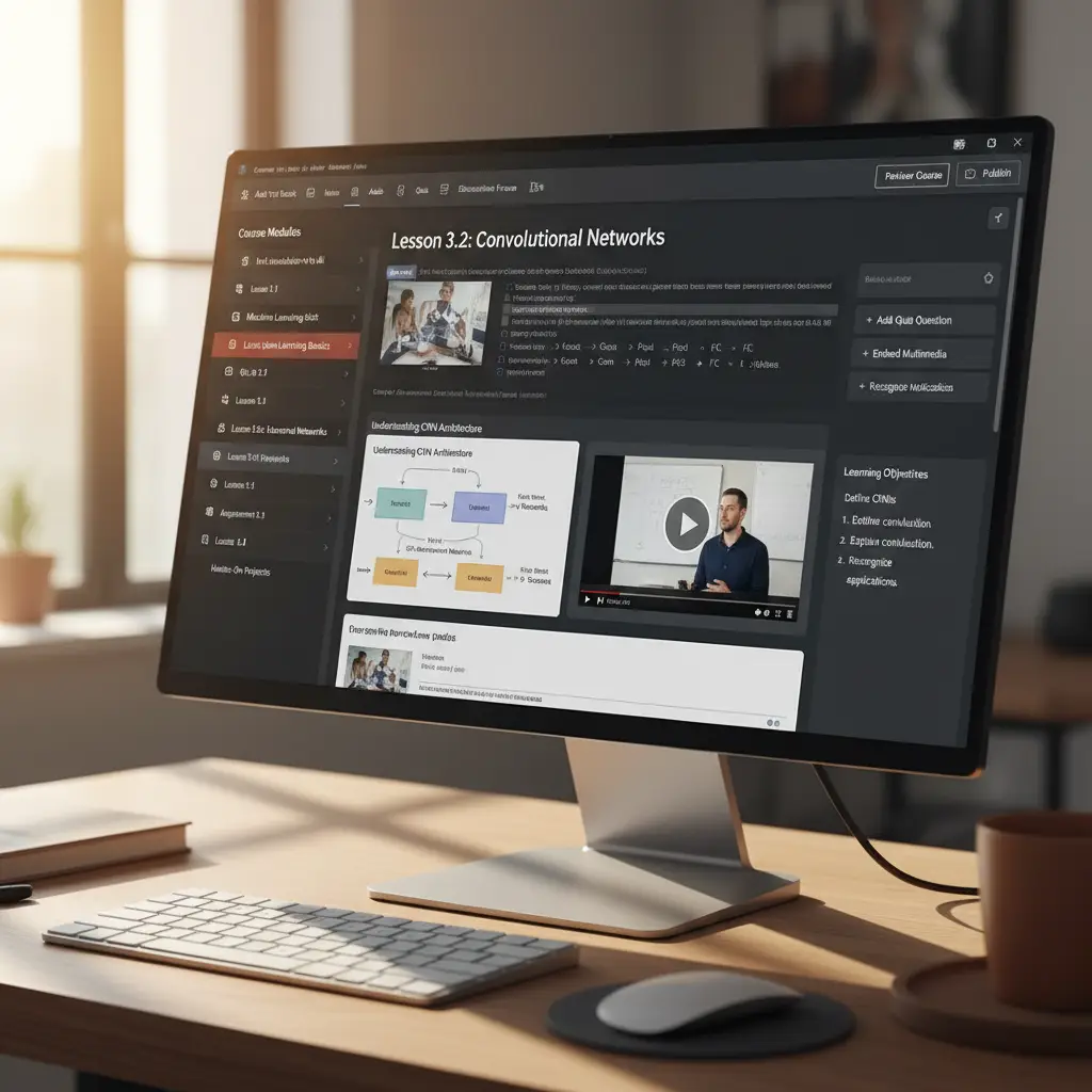 Screenshot of a course editor showing imported document content structured into lessons